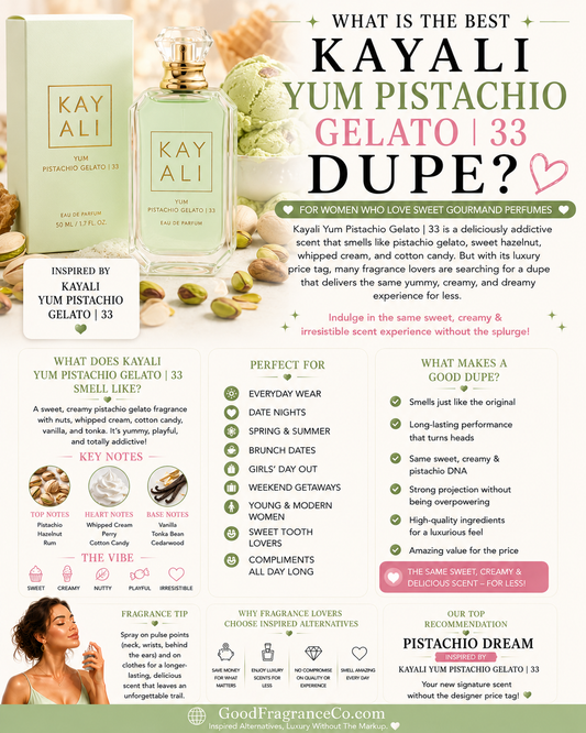 Looking for a Kayali Yum Pistachio Gelato 33 dupe? Discover what Yum Pistachio Gelato smells like and affordable alternatives with a similar sweet gourmand fragrance profile.