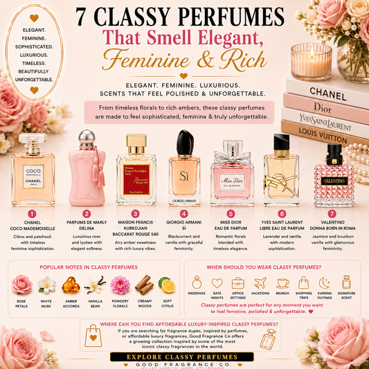 Luxury classy perfumes for women featuring elegant feminine fragrances with rose, musk, amber, vanilla, and sophisticated designer-inspired scent notes.