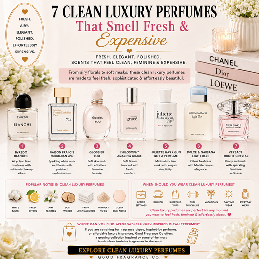 Luxury clean perfumes for women featuring fresh feminine fragrances with white musk, citrus, airy florals, soft woods, and elegant designer scent notes.