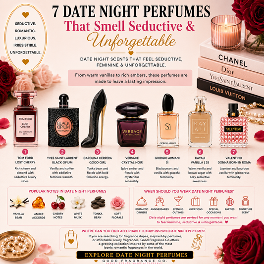 Luxury date night perfumes for women featuring seductive feminine fragrances with vanilla, amber, musk, cherry, and romantic designer-inspired scent notes.