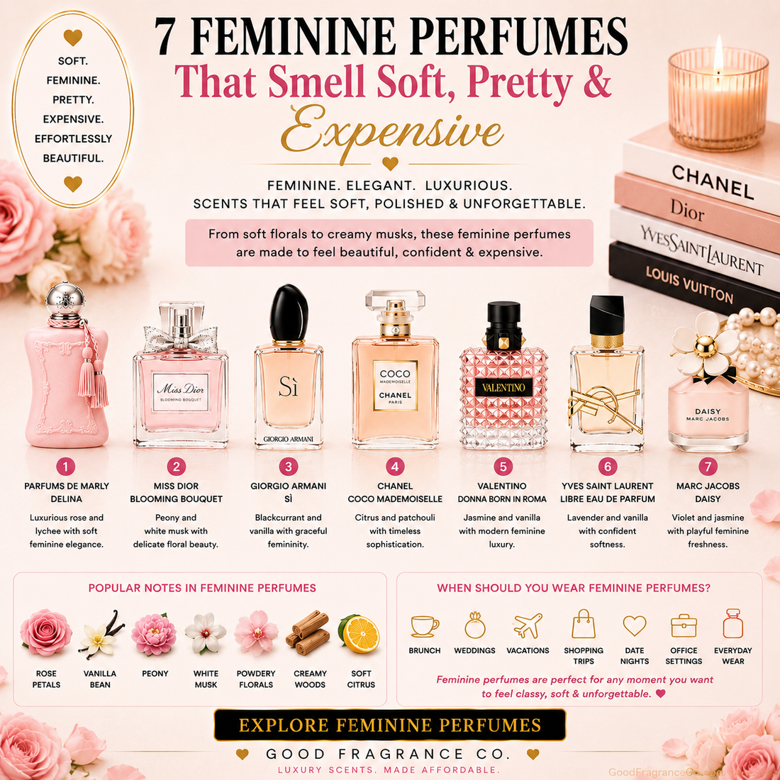 Luxury feminine perfumes for women featuring soft floral fragrances with rose, vanilla, peony, musk, and elegant designer-inspired scent notes.