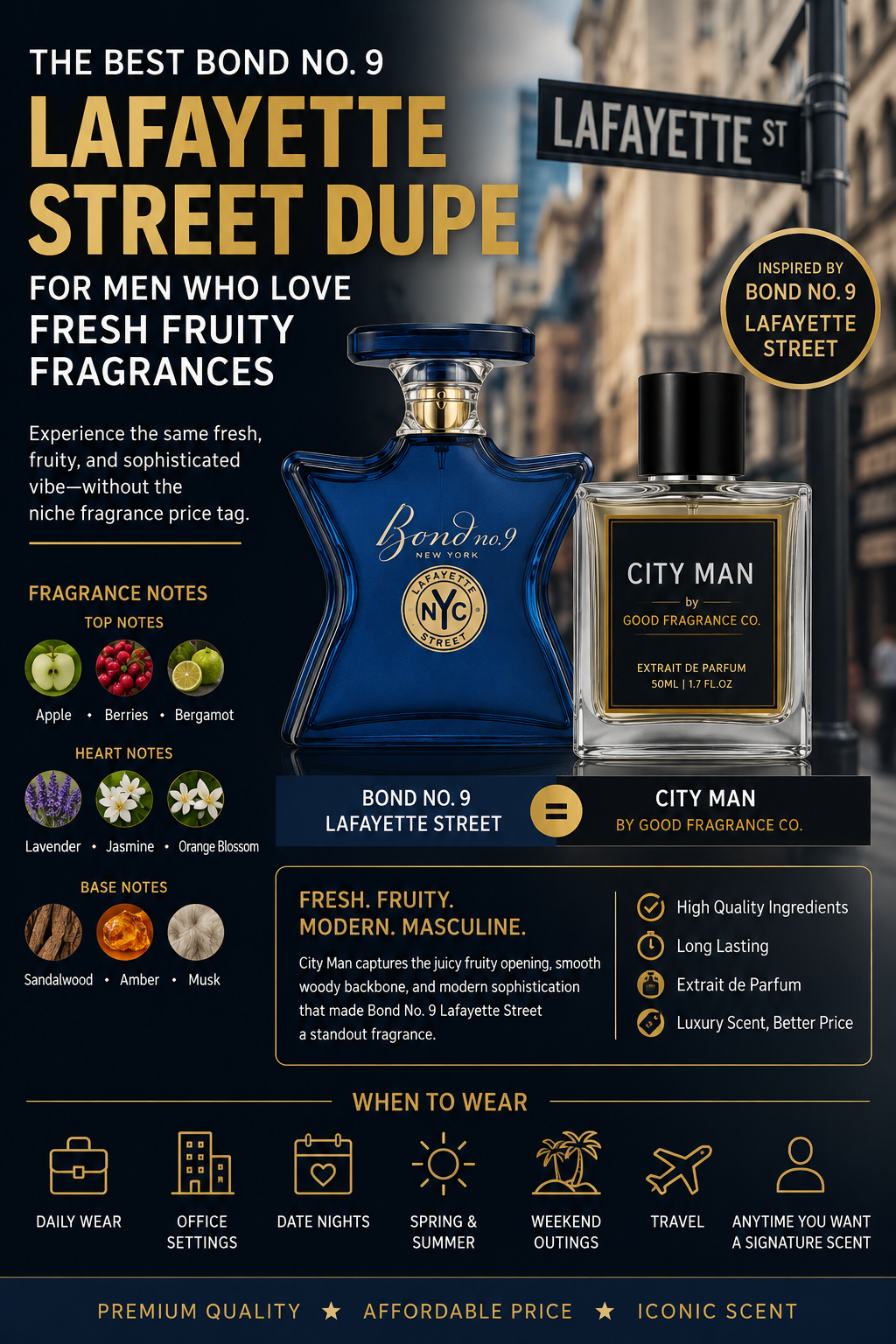 Looking for the best Bond No. 9 Lafayette Street dupe? Discover City Man by Good Fragrance Co, a fresh fruity fragrance inspired by Lafayette Street without the luxury price tag.