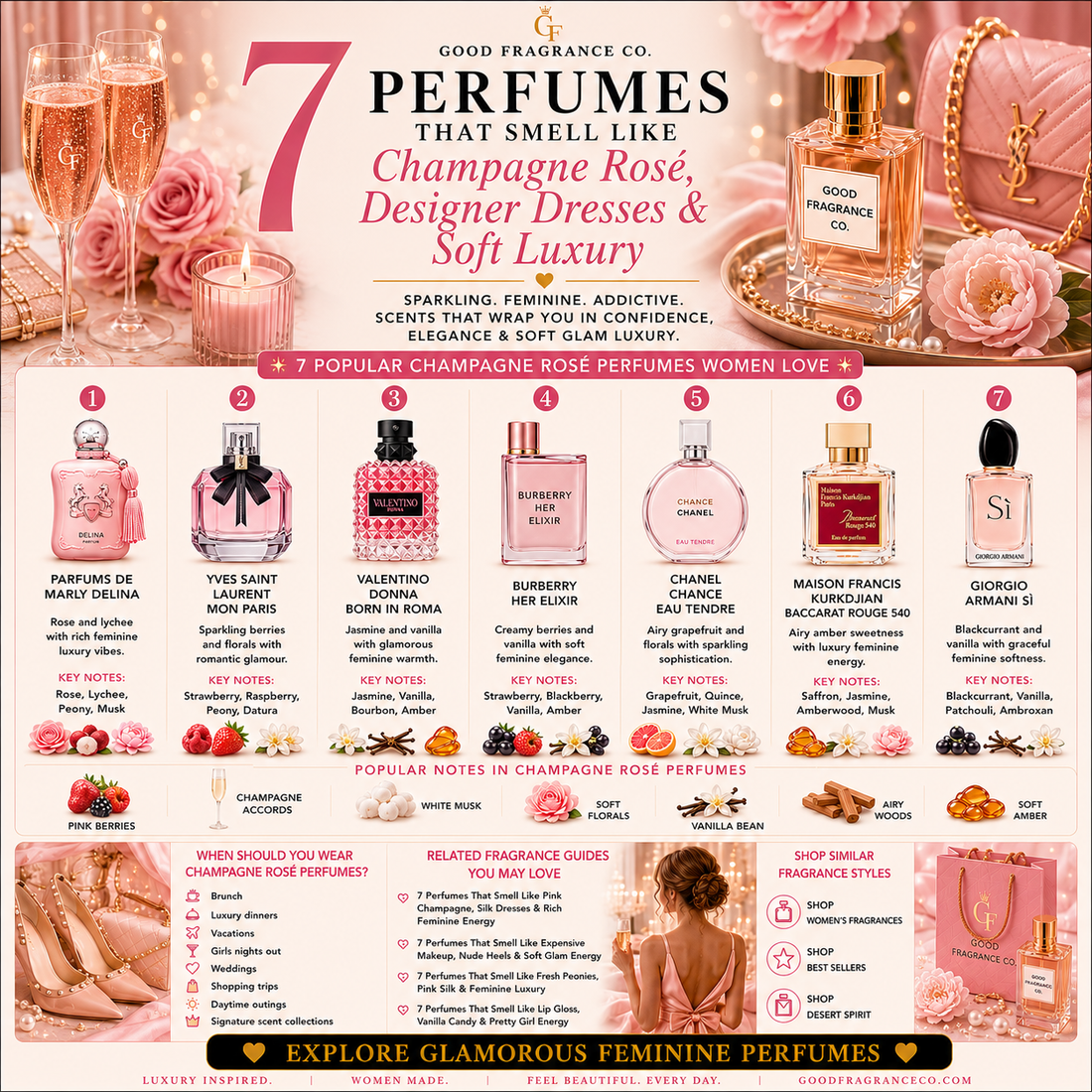 7 Perfumes That Smell Like Champagne Rosé, Designer Dresses & Soft Luxury