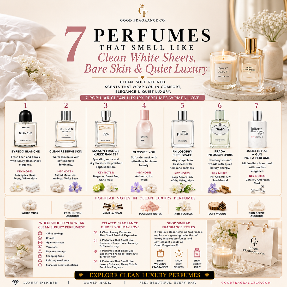 7 Perfumes That Smell Like Clean White Sheets & Quiet Luxury ✨