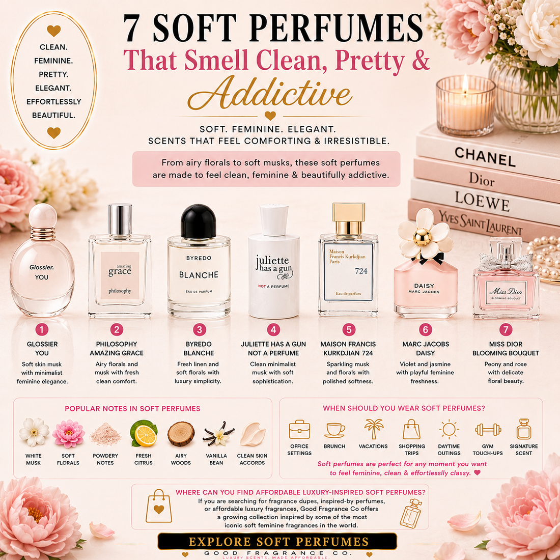 Luxury soft perfumes for women featuring clean feminine fragrances with white musk, florals, vanilla, airy woods, and elegant designer-inspired scent notes.