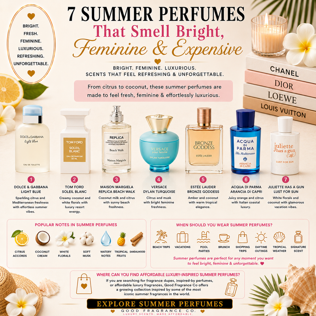 Luxury summer perfumes for women featuring bright feminine fragrances with citrus, coconut, white florals, musk, and tropical designer-inspired scent notes.